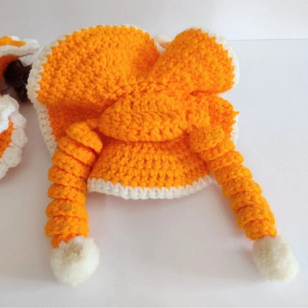 Vintage Mid Century Set Of Bed Pillow Sitter Dolls Orange Crocheted Dresses